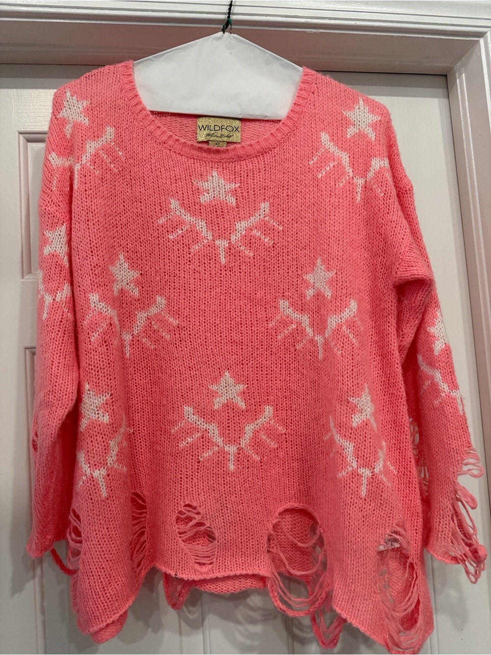 Wildfox Coral Pink Star Intarsia Distressed Crewneck Sweater with little sequins